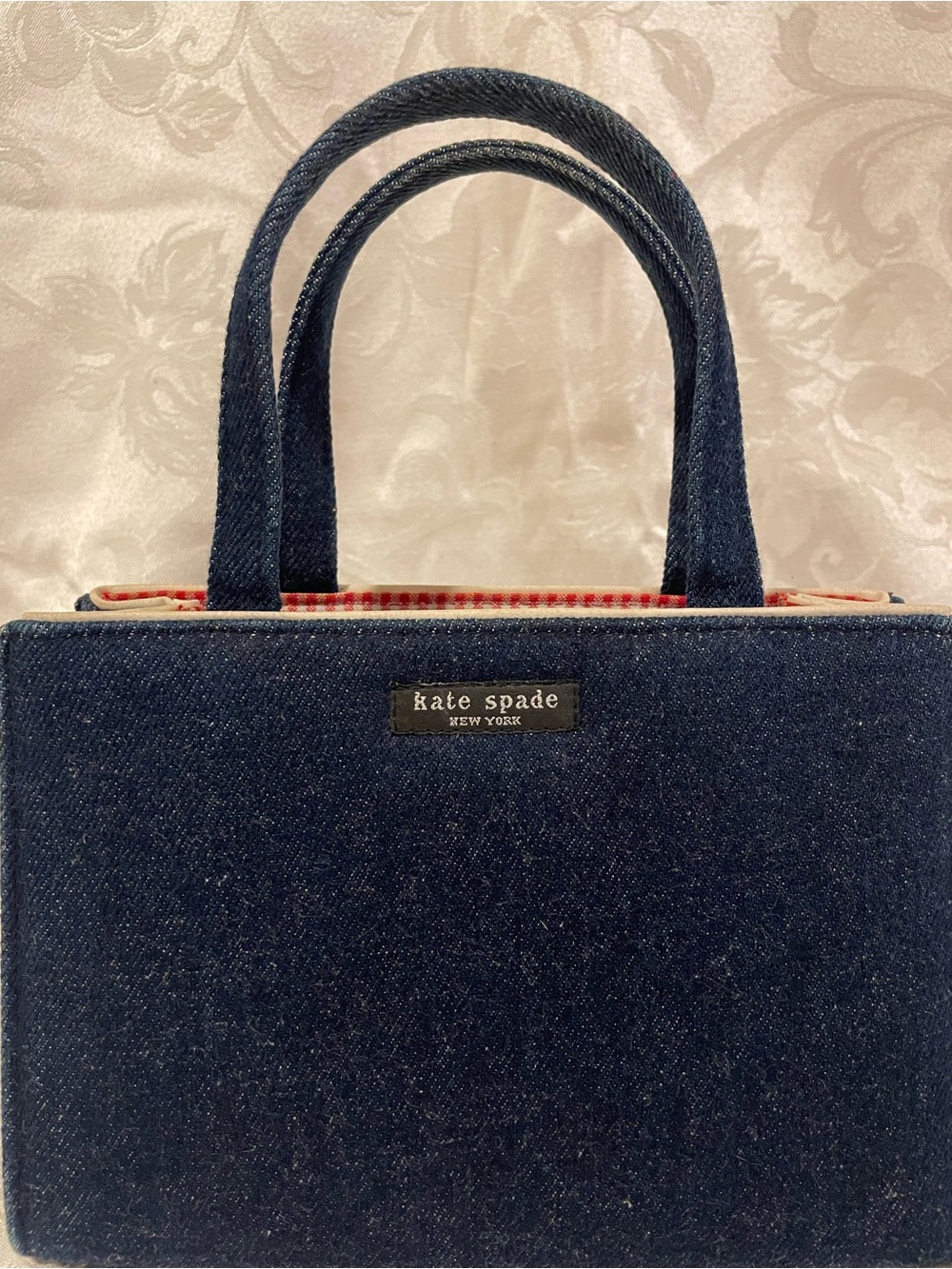 Vintage Y2K Kate Spade denim Blue Jean purse, red cottagecore gingham interior - Picture 2 of 16